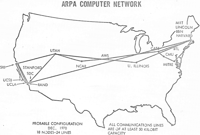 Map of ARPANET from December 1970. Courtesy of WikiCommons.